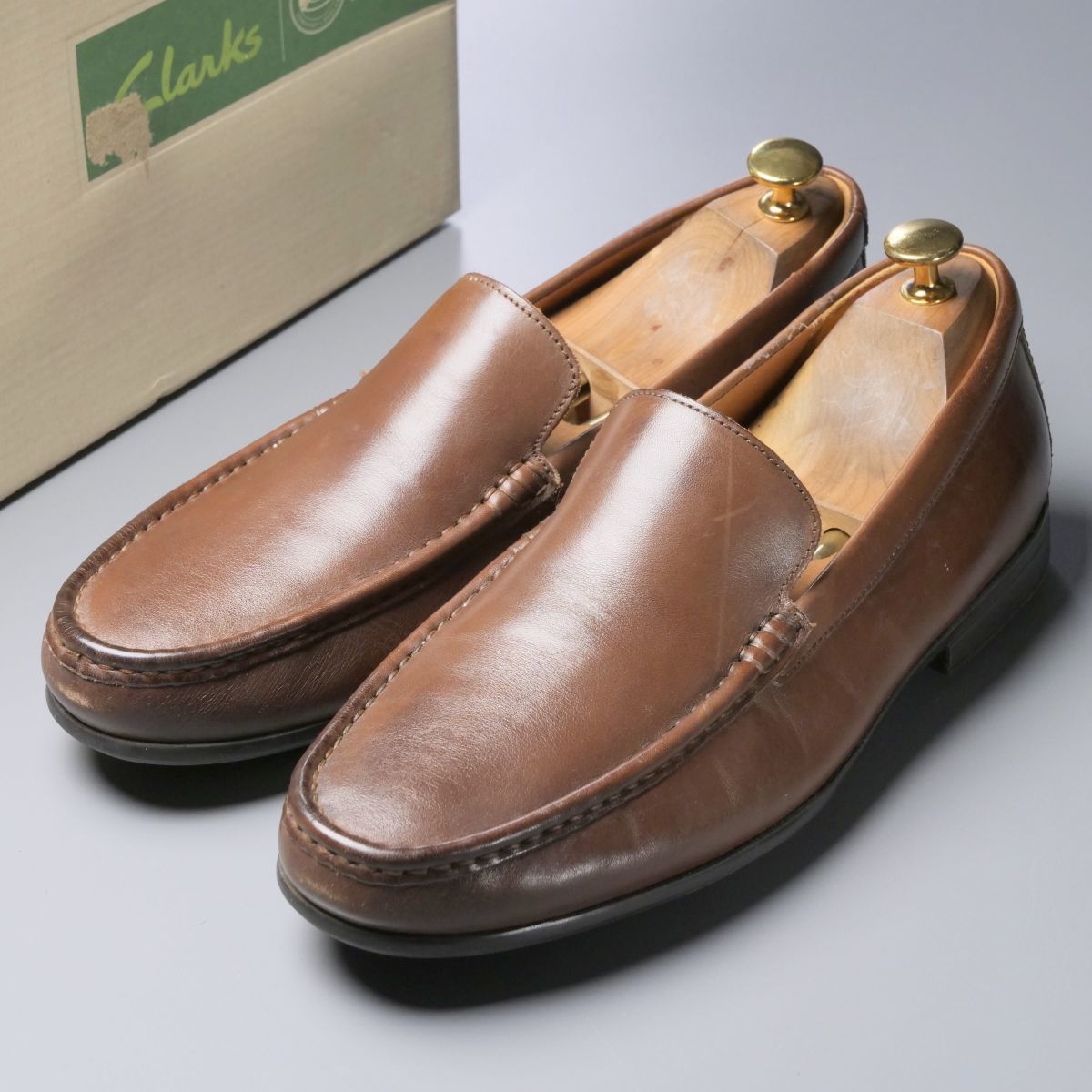 MF7927//*クラークス/Clarks*クロードプレイン/メンズ8.5G/Uチップ/モカシンローファー/レザースリッポン/革靴/茶/ブラウン_画像2