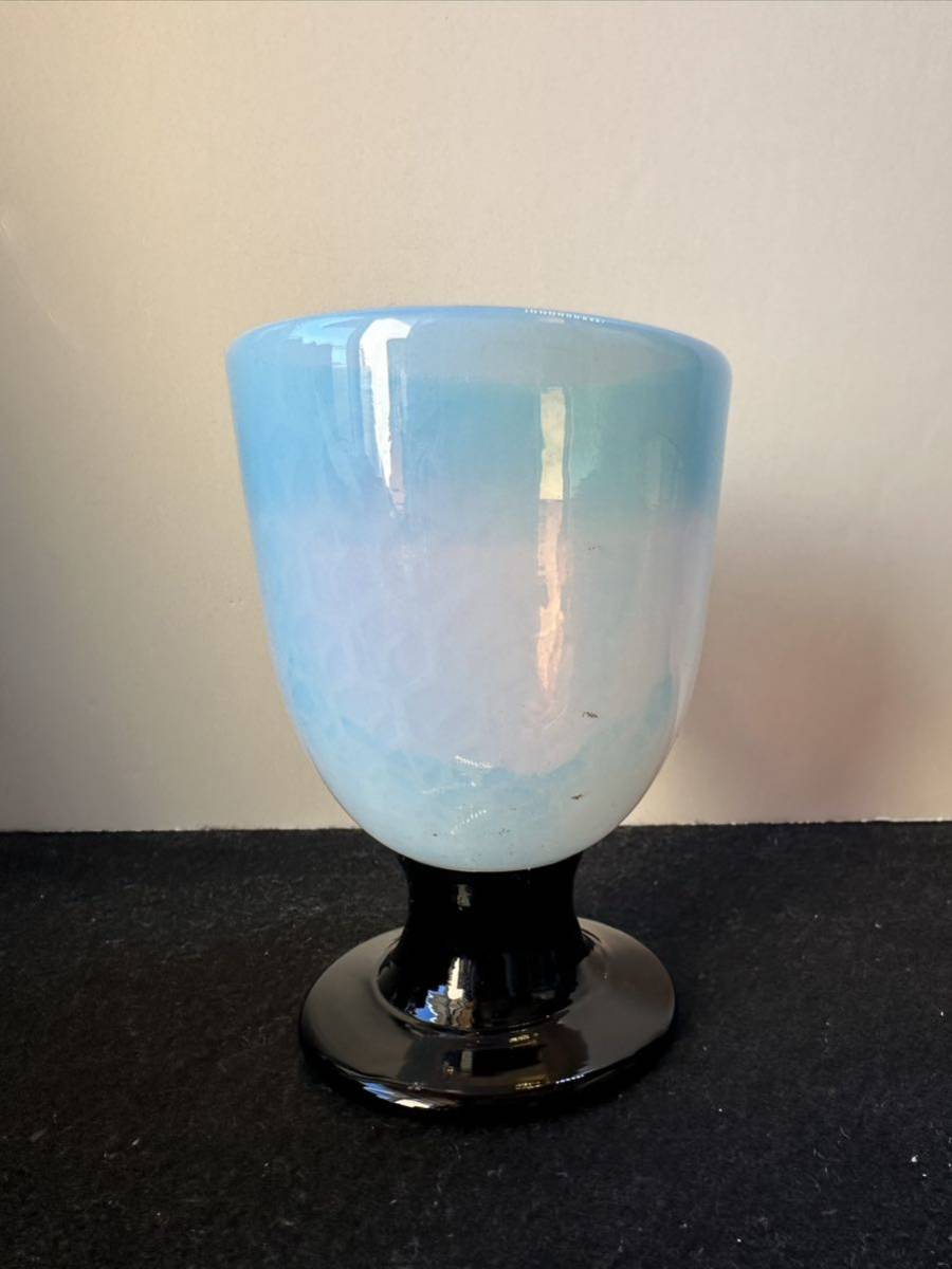 古い氷コップ 乳白亀甲文棗型エナメル青/和ガラス/ガラスコップ/_画像1