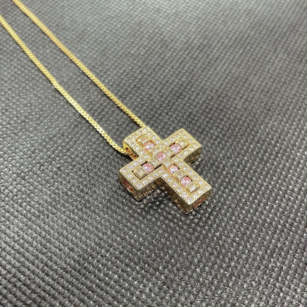 ネックレス ベルエポック ダブル クロス 十字架 キュービックジルコニア ピンク ストーン GOLD 人気 ベネチアンチェーン