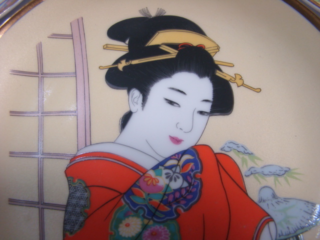 激安！日本美人芸者浮世絵美人飾り皿金縁銘々皿5枚一括_画像3