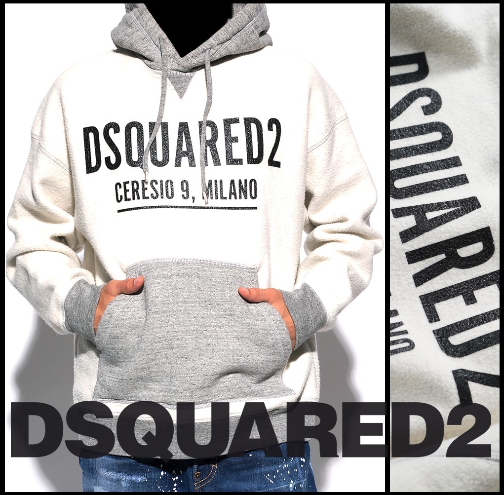 新品105,600円【 DSQUARED2 ディースクエアード 】21‐22AW/伊製/MIKE FIT/CERESIO 9 ロゴプリント切替起毛スウェットパーカーM/48相当/H_画像1