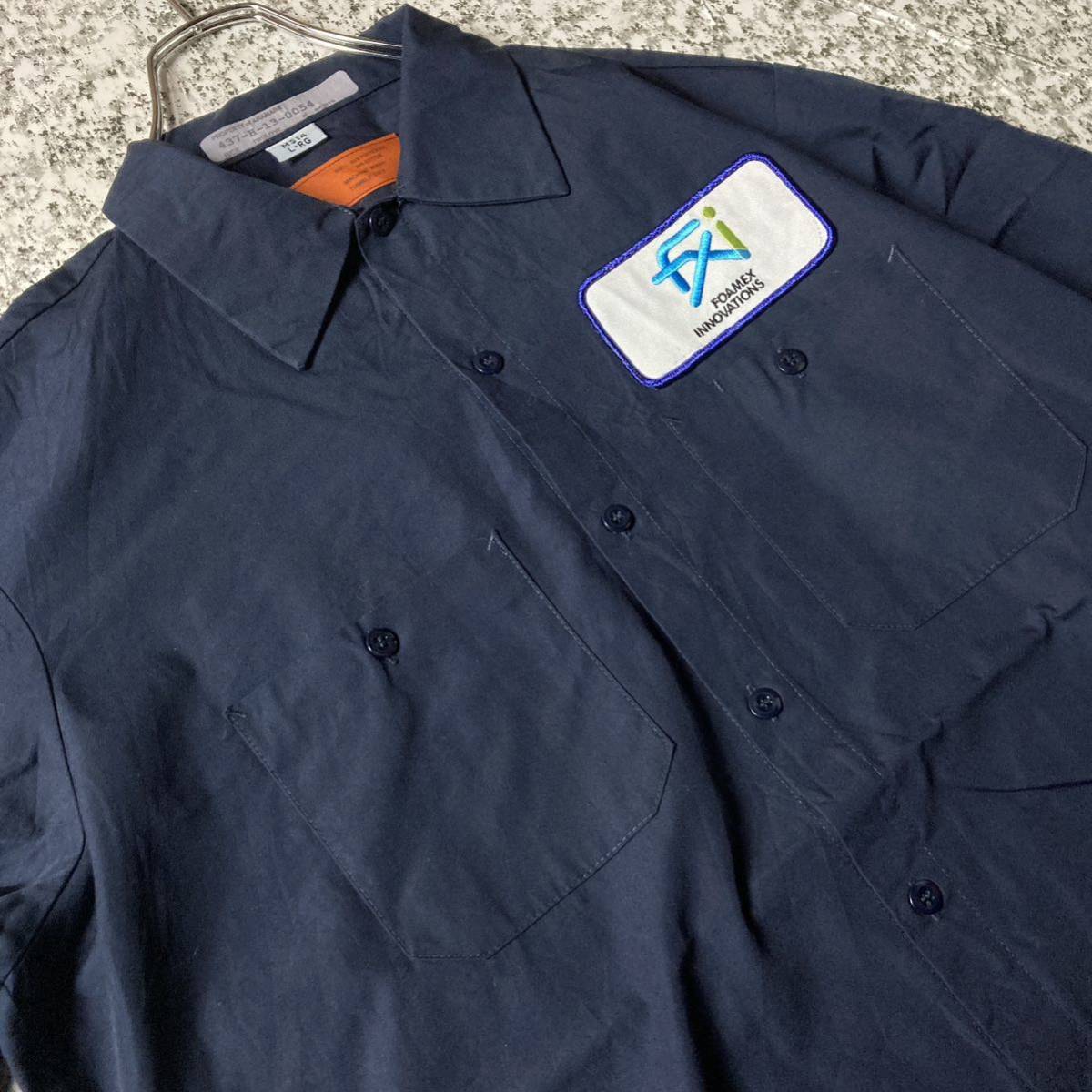 【90sオールド】企業物　ワッペン　ビンテージL/Sワークシャツ　ネイビー　Lサイズ 古着 長袖シャツ 