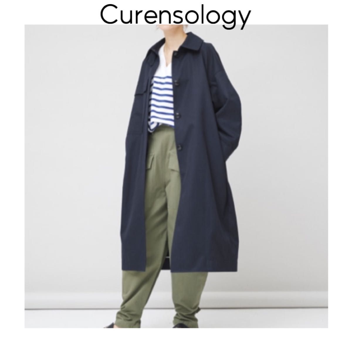 Curensology オーバーサイズコート　ネイビー　カレンソロジー　ステンカラーコート　ロング　綿　コットン　ゆったり