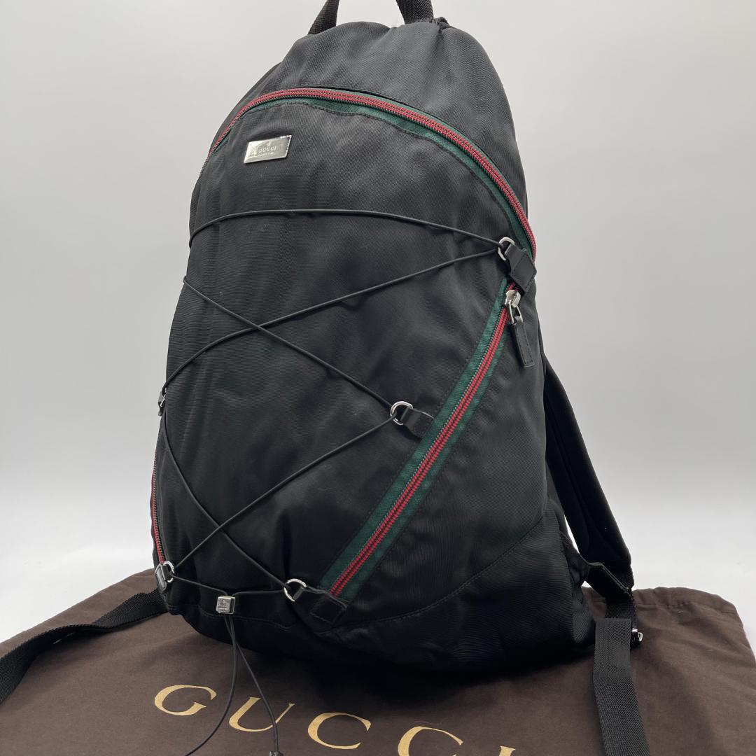 稀少! グッチ リュック ウェビングライン シェリーライン ロゴプレート リュックサック バックパック GUCCI ブラック A4 ナイロン_画像1