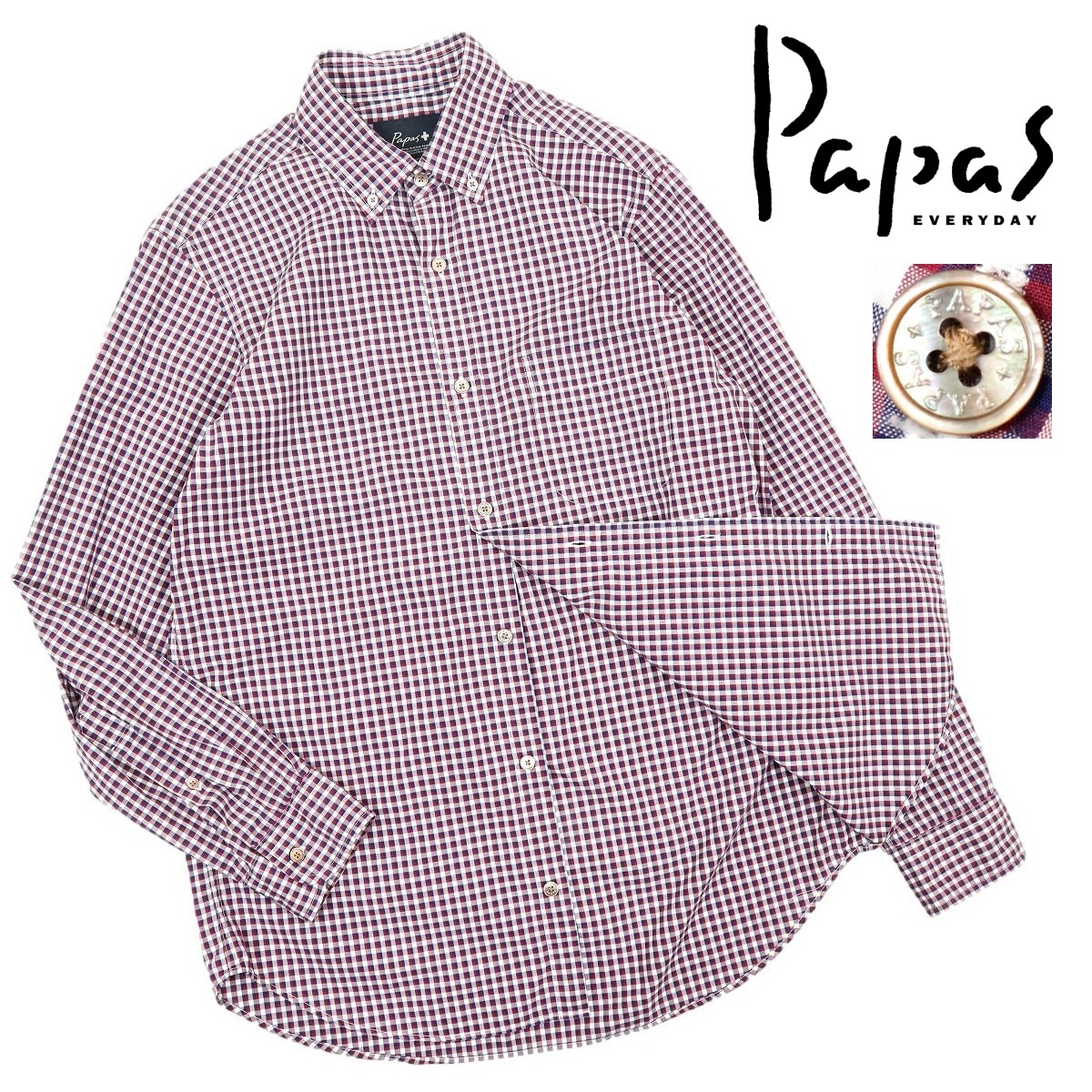 【B2730】【新品同様】Papas+ パパスプラス 長袖シャツ ボタンダウンシャツ ギンガムチェック サイズM_画像1