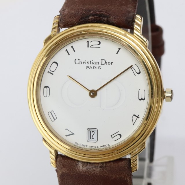 2312-558 クリスチャンディオール クオーツ 腕時計 Christian Dior 45.122.3 下日付 白文字盤 全数字 金色ケース レザーベルト_画像1