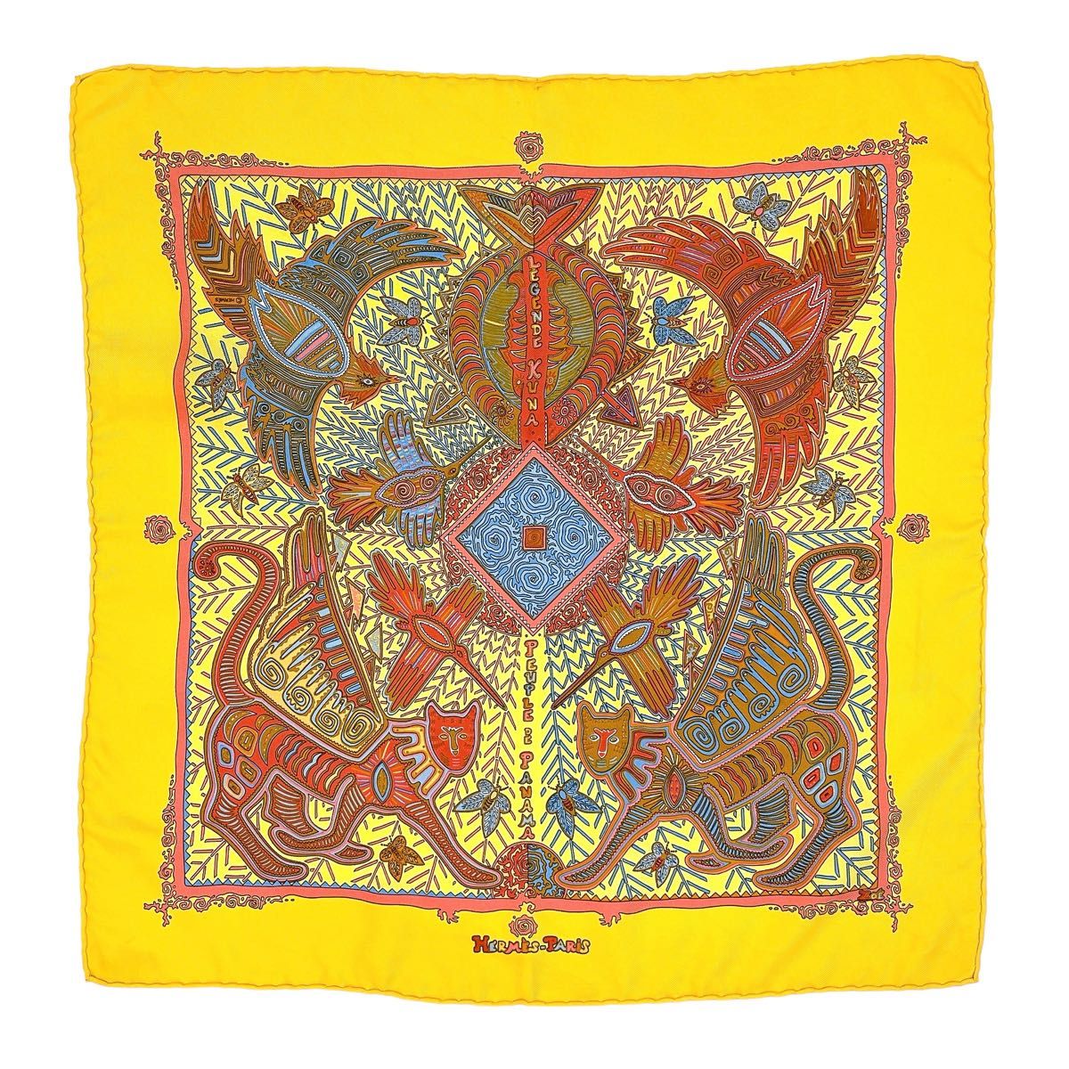 美品 エルメス ガウロッシュ 45 スカーフ シルク パナマのクナ族の伝説 黄