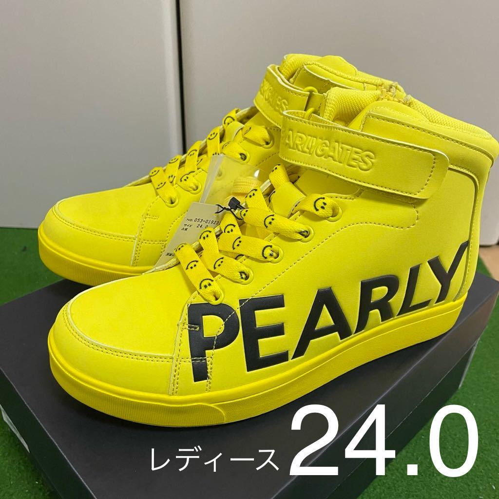 正規本物【新品未使用品】PEARLY GATES パーリーゲイツ★サイドロゴミドルカットシューズ24.0cm ゴルフシューズ イエロー黄色 ニコちゃん