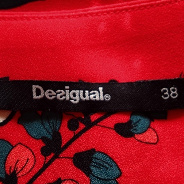 デシグアル Desigual サイズ38 L - レッド×ピンク×マルチ レディース Vネック/半袖/ミニ/花柄 ワンピース_画像3