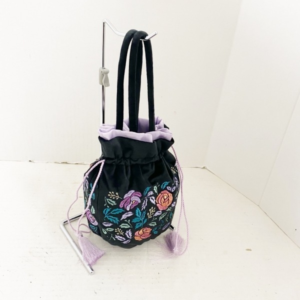 アナスイ ANNA SUI トートバッグ - ポリエステル 黒×パープル×マルチ 花柄/刺繍/巾着型/Francfrancコラボ バッグ_画像2