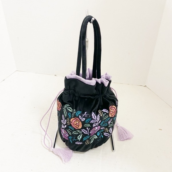 アナスイ ANNA SUI トートバッグ - ポリエステル 黒×パープル×マルチ 花柄/刺繍/巾着型/Francfrancコラボ バッグ_画像3