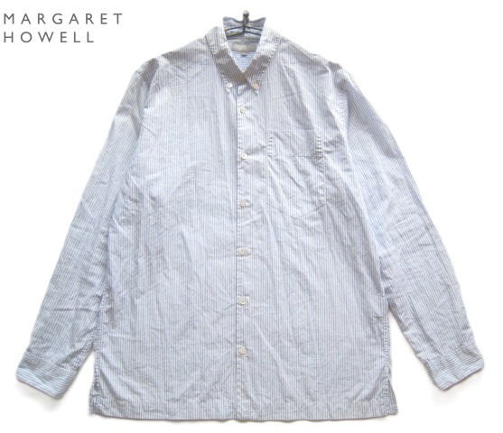 美品日本製!!マーガレットハウエル MARGARET HOWELL*胸ポケット付 ストライプ柄ボタンダウンシャツ L MHL. エムエイチエル_画像1