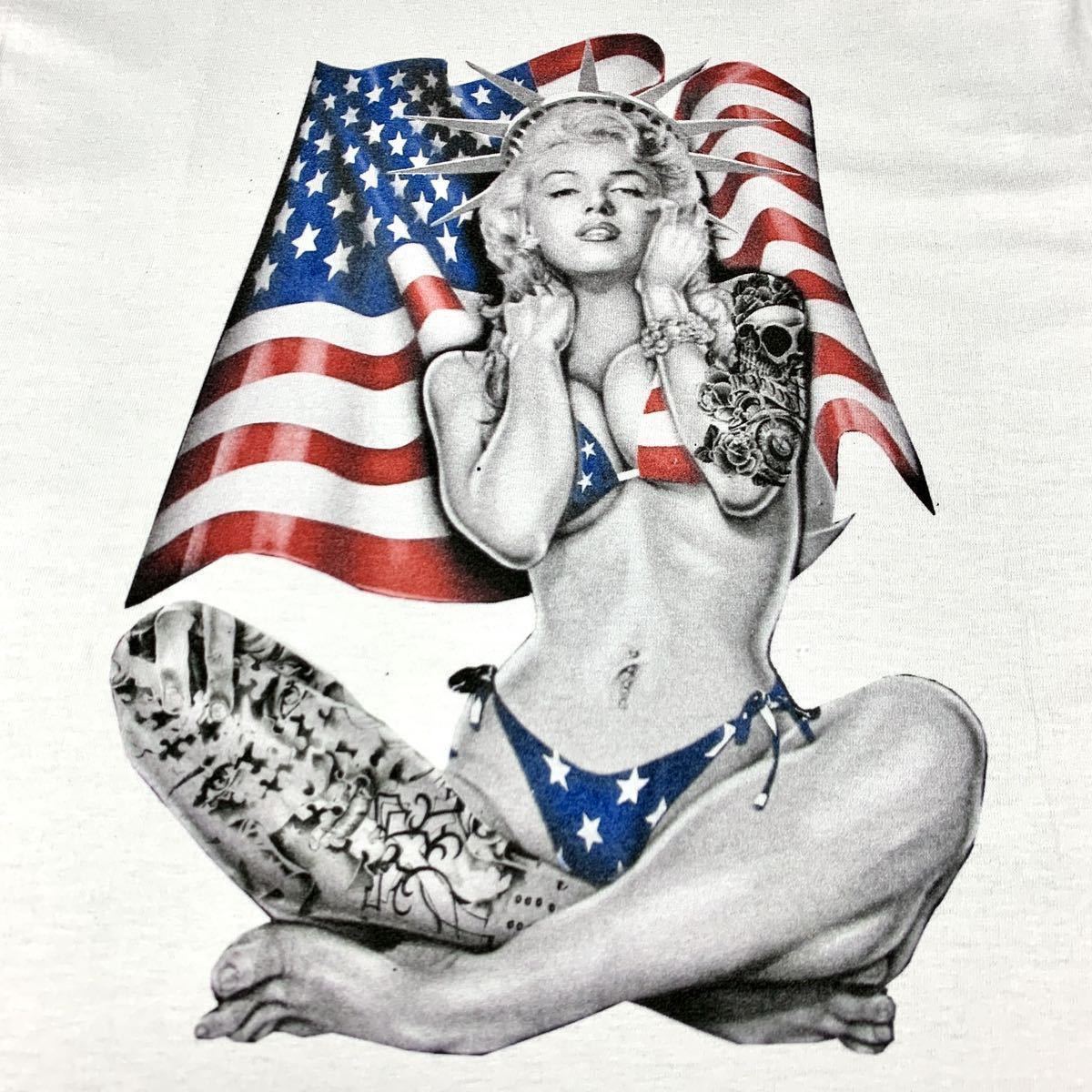 新品 未使用 マリリンモンロー アメリカ セックスシンボル 星条旗 ビキニ タトゥー ニューヨーク 自由の女神 Tシャツ ユニセックス Mサイズ_画像7