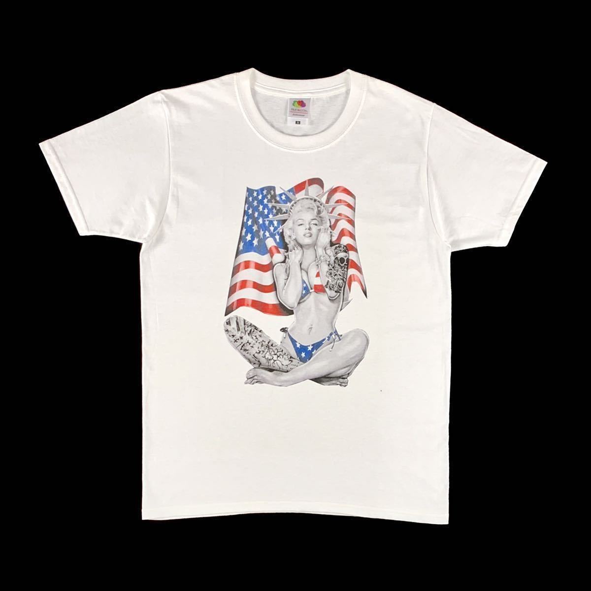 新品 未使用 マリリンモンロー アメリカ セックスシンボル 星条旗 ビキニ タトゥー ニューヨーク 自由の女神 Tシャツ ユニセックス XL(LL)