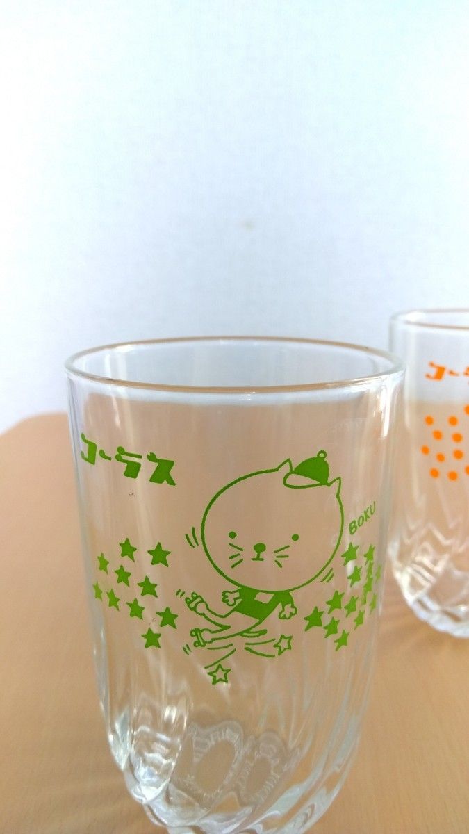 森永　コーラス　 グラス２個　グリーン　オレンジ　ネコ　 レトロ　昭和レトロ　　　　　ガラスコップ