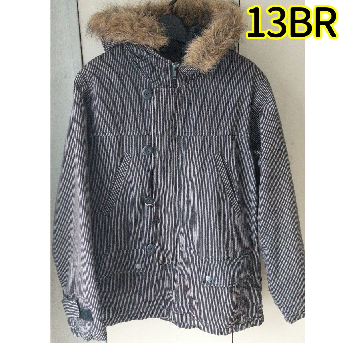 13BR ヒッコリーデニム 中綿ジャケット コート ファー フード パディング ストライプ LLサイズ XLサイズ