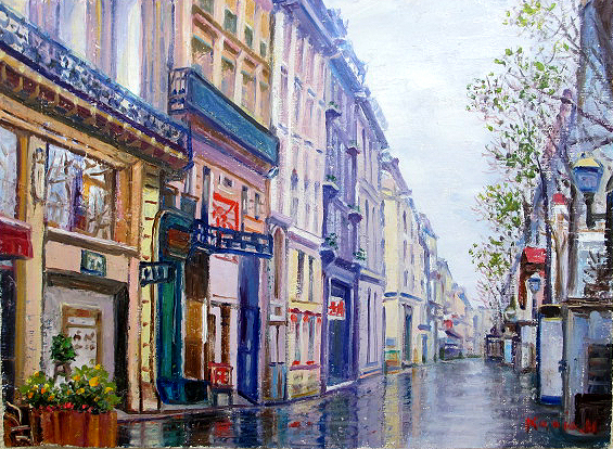 柔らかな質感の 絵画　油彩　半澤国雄　パリの街並み　油絵Ｆ６キャンパスのみ　送料無料　受注制作作品 自然、風景画
