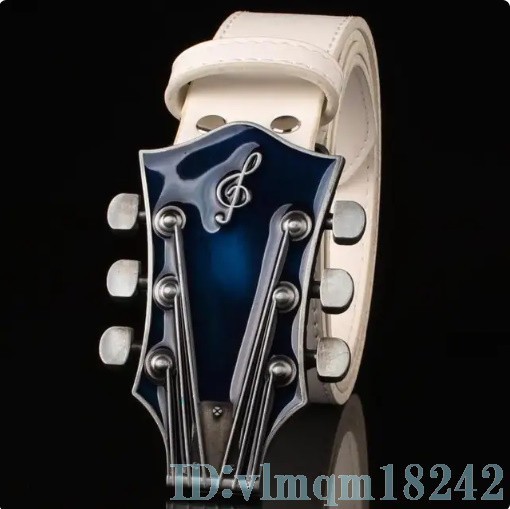 Jt2494: 英国旗 ギター モデリング ベルト バックル ファッション メンズ ベルト イギリス 音楽 男性 ギター ベルト_画像６枚目：音符×青色系×ベルト白色系