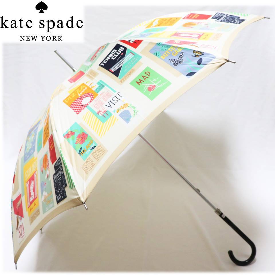 《kate spade ケイトスペード》新品 高い縫製技術 ポスター・パンフレット柄 長傘 雨傘 8本骨 A8101_画像1