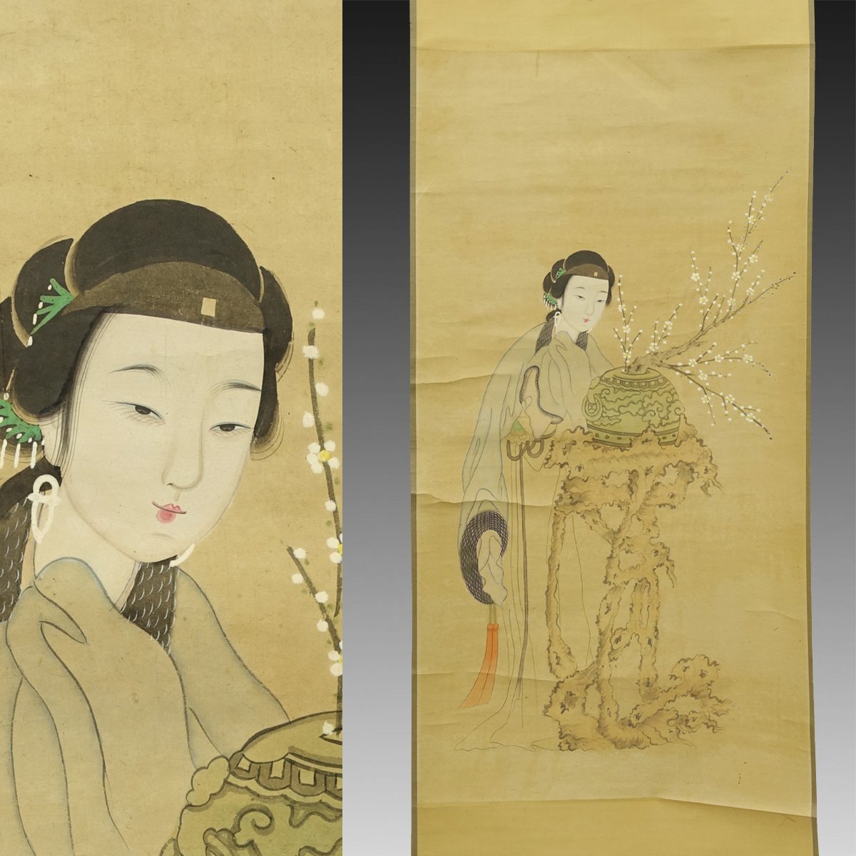 中国絵画 白伯骅 四大美人 掛け軸 中国画 美人図 飾り インテリア A343◇中国美術 掛軸 中国書画 人物像 女性像 美人画 肉筆 落款