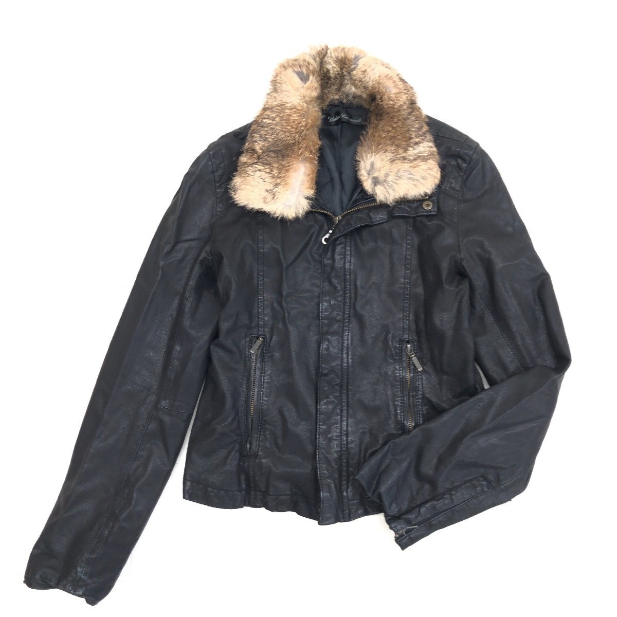 ●URBAN RESEARCH アーバンリサーチ ラビットファー装飾 本革 ゴートレザー ライダースジャケット 36(S) 黒系 ブラック系 レザージャケット