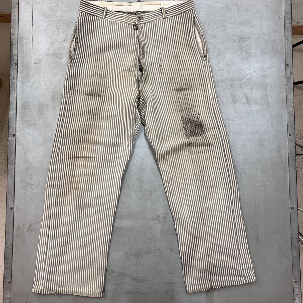 40S50S Vintage French work pants . dyeing stripe button fly fe-do repair belt loop type vuz0130