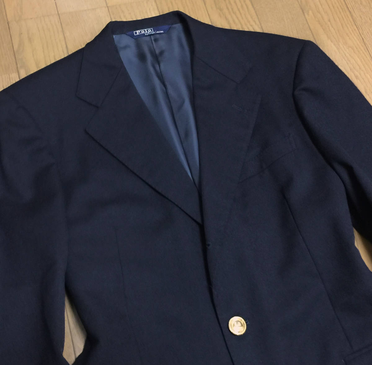 高級 Polo by Ralph Lauren ポロ ラルフローレン 日本製 金ボタン ウール 段返り3B テーラードジャケット 紺ブレザー メンズ A5 紺ブレ_画像5