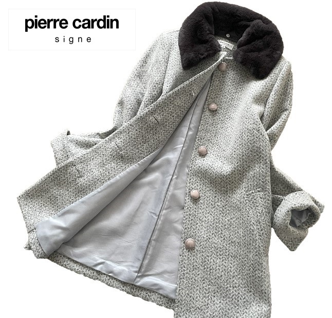 美品 pierre cardin signe　ピエールカルダン シーニュ ウールコート ファー襟 ノーカラー グレー 40 レディース 上品 _画像1