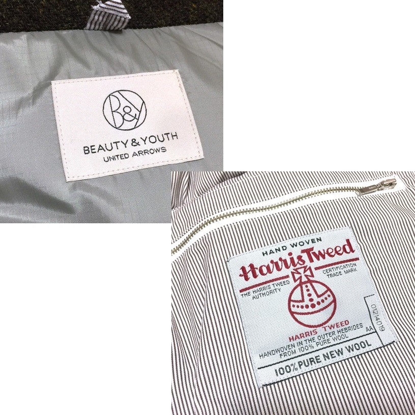 美品 BEAUTY&YOUTH ユナイテッドアローズ 英国 HARRIS TWEED ハリスツイード ヘリンボーン チェック クレイジー切替 ダウンベスト メンズ L_画像9