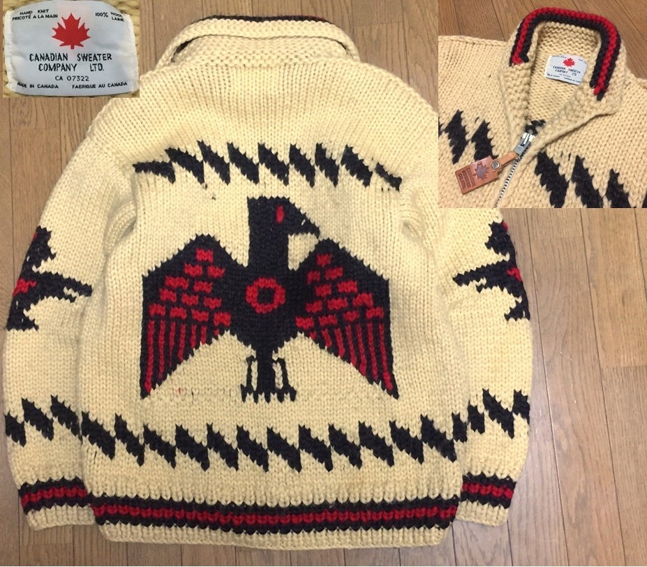 カナダ製 CANADIAN SWEATER カナディアンセーター 肉厚 HAND KNIT ハンドニット サンダーバード柄 ジップ カウチン セーター メンズ M位_画像1