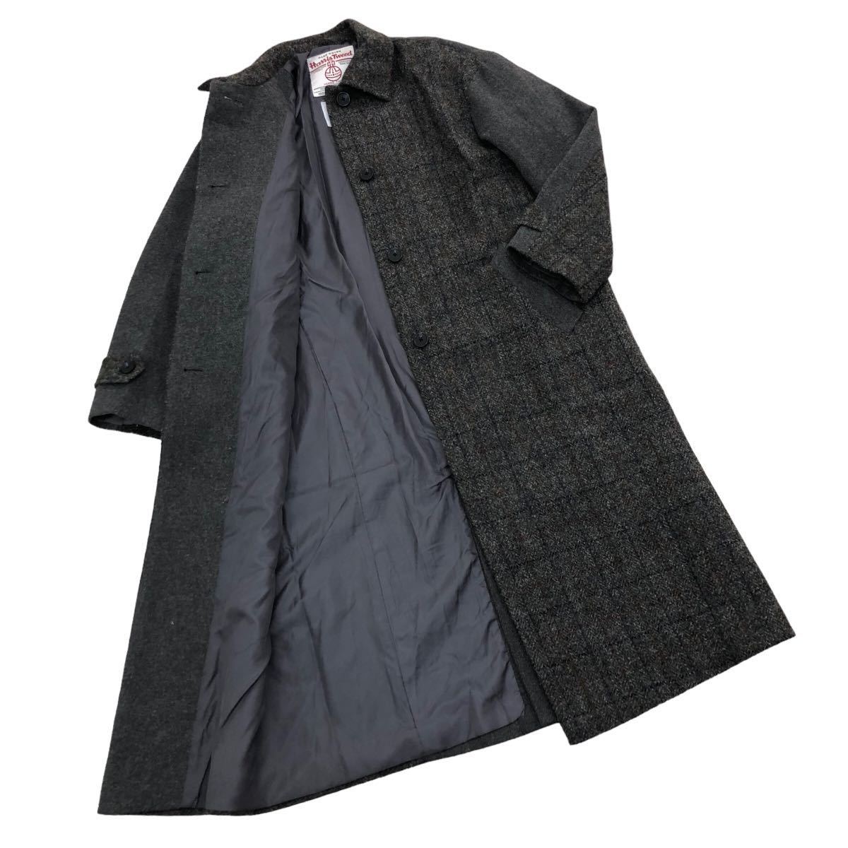 B344 Harris Tweed SEVENDAYS=SUNDAY ハリスツイード ロングコート コート アウター 上着 羽織り 長袖 ウール 100% グレー系 チェック柄 Lの画像7
