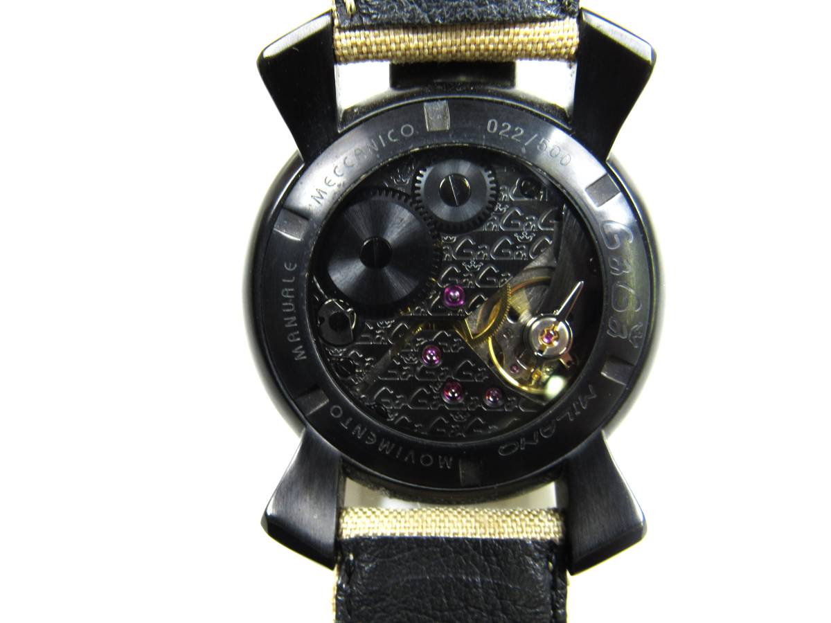 限定500本 GaGa MILANO ガガミラノ マヌアーレ 5016.9 手巻き 裏スケ ブラック 黒 48ｍｍ メンズ腕時計 稼働品 傷・破損あり ケース付 中古_画像9