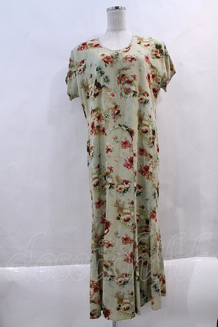 KANEKO ISAO / rose bouquet pattern chiffon short sleeves One-piece mint I-23-11-27-061-EL-OP-HD-ZI