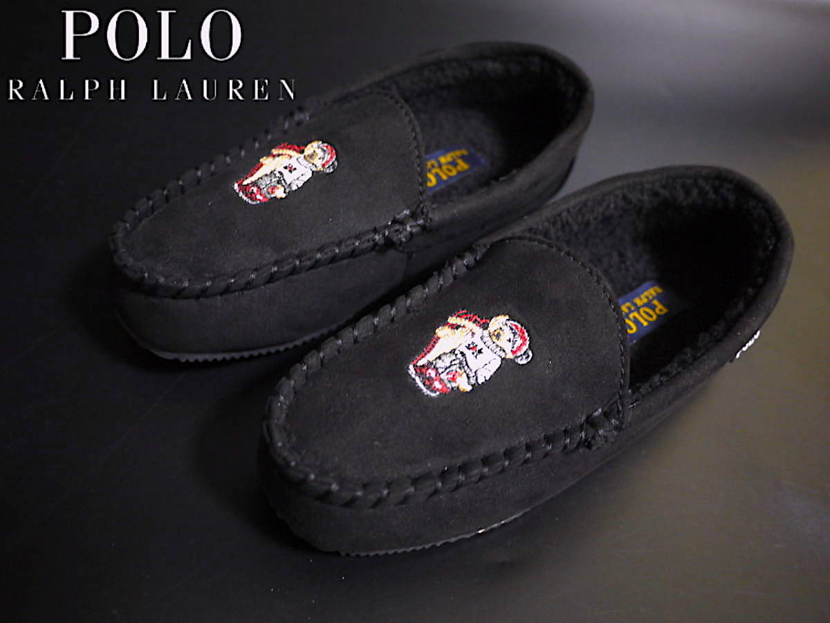 US購入 新品 サイズ16.3cm/ポロラルフローレン キッズ 内側ムートン ポロベアー モカシン POLO RALPH LAUREN Moccasin / 黒_画像1