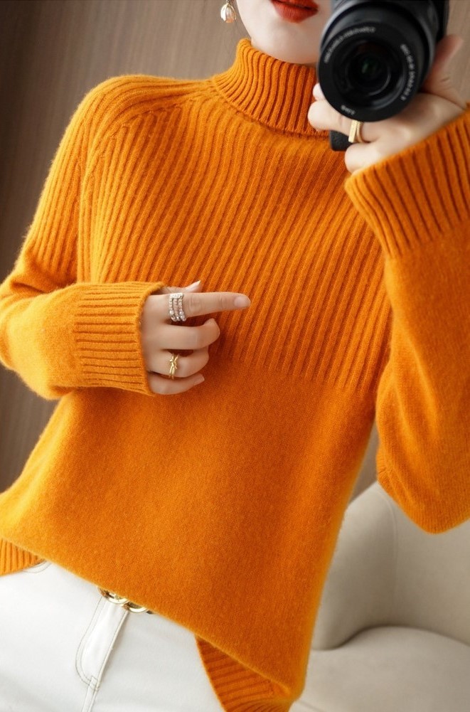 新作☆ふんわり暖かカシミヤ90％　リブ編み　大人シックなハイネックニットセーター　　ピンク色_他の色にご参照