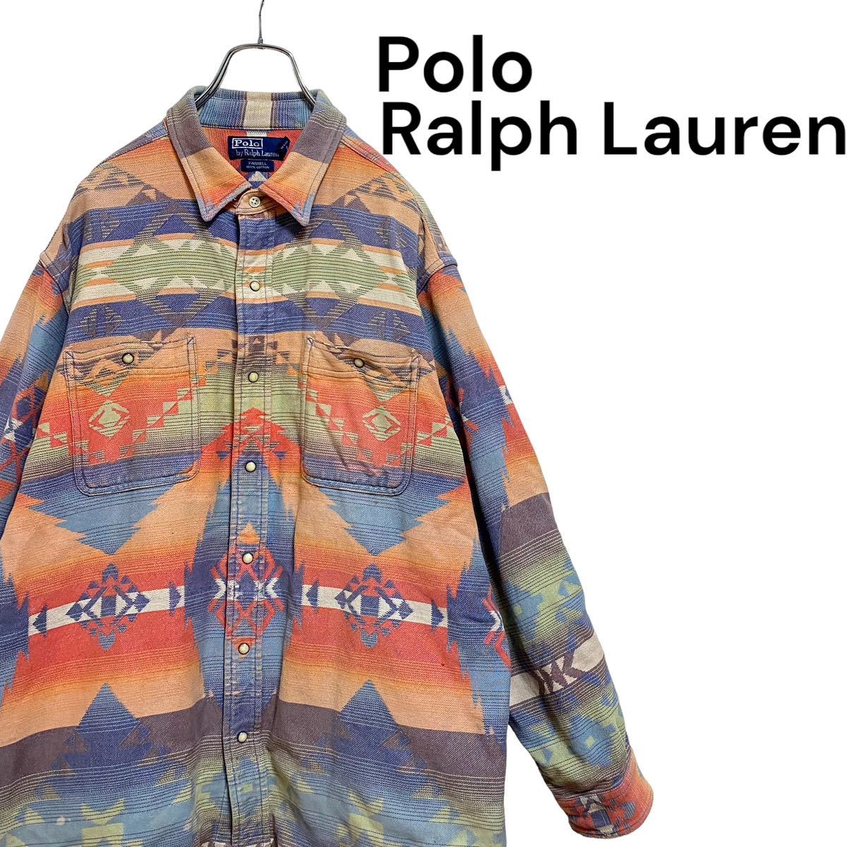 90s ラルフローレン ヘヴィ ネイティブ柄 ネルシャツ メンズ LL XL シャツ エルボーパッチ 柄シャツ 総柄 Ralph Lauren 古着 ビンテージ