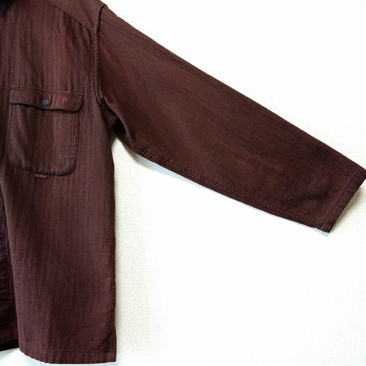 PAPAS 日本製 ヘリンボーン フランネル ブラウン ボックスシャツ ワークシャツ L 胸ポケ 裾スクエアカット ヘミングウェイ _画像3