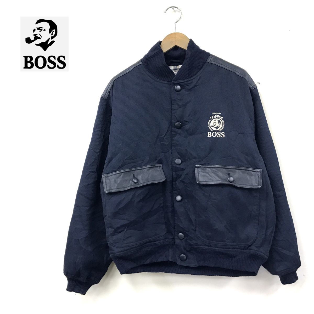 N2715-N◆old◆ BOSS SUNTRY ボスコーヒー コーデュロイジャケット レザー切替 裏地あり 厚手 非売品◆ ネイビー 裏チェック 牛革_画像1