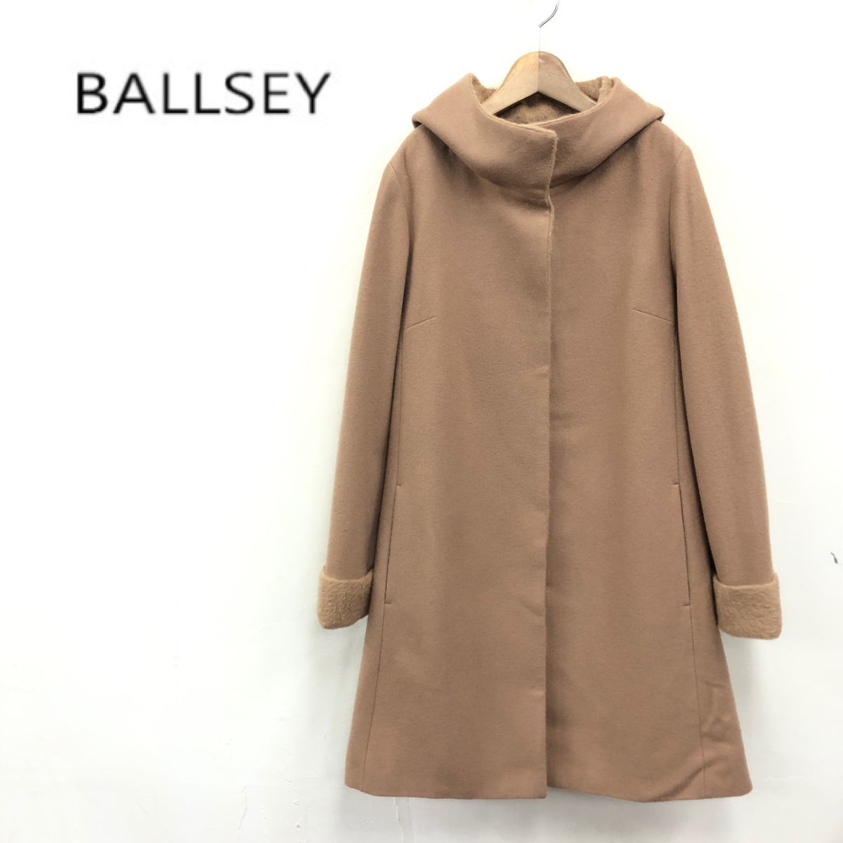 D496-K◆良品 日本製 Ballsey ボールジー ウールコート◆size36 キャメル フーディー ウール100% アルパカ混 総裏 冬アウター レディース_画像1