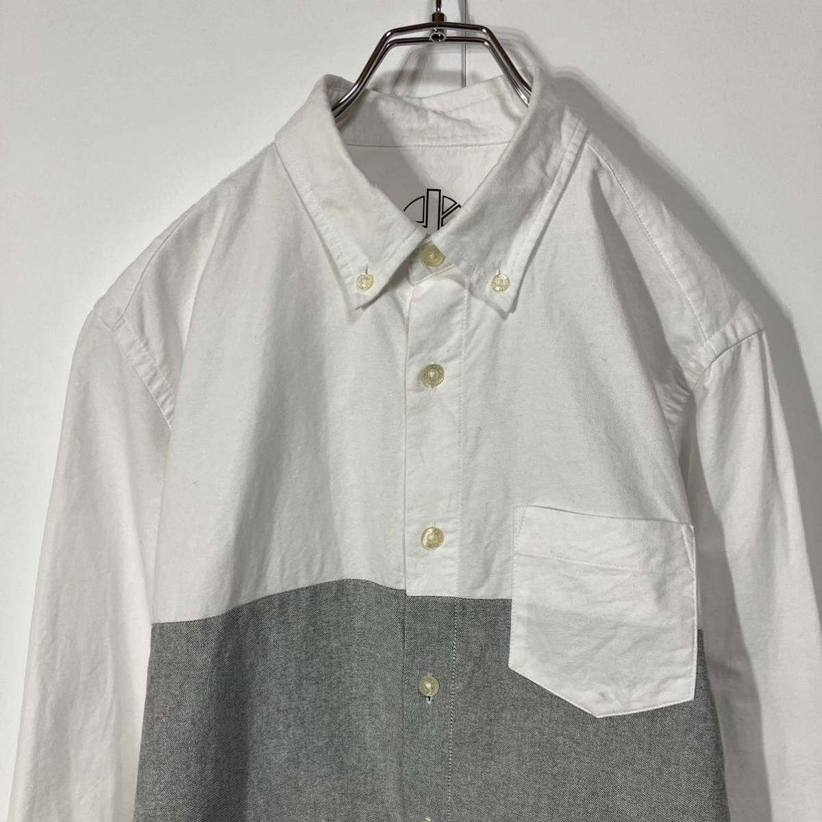 古着 切替 デザイン ポケット 長袖 ボタンダウン ラウンドカット コットン シャツ ホワイト グレー ブラック Mの画像4