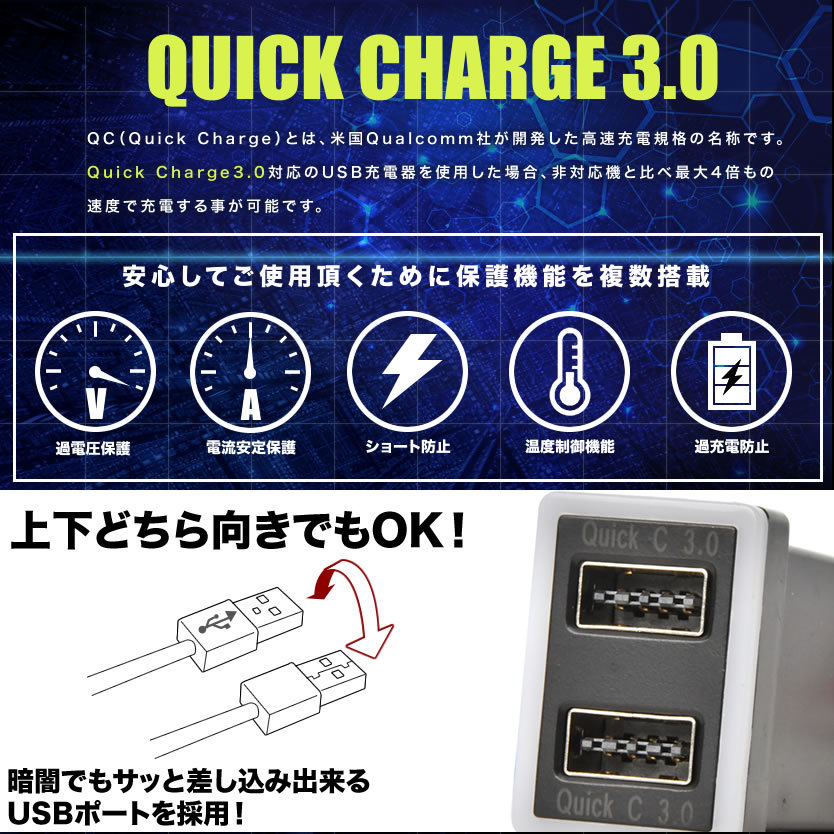 品番U11 ACR/GSR50系 エスティマ 急速充電USBポート クイックチャージ QC3.0 トヨタA 白発光 両差し可能_画像3