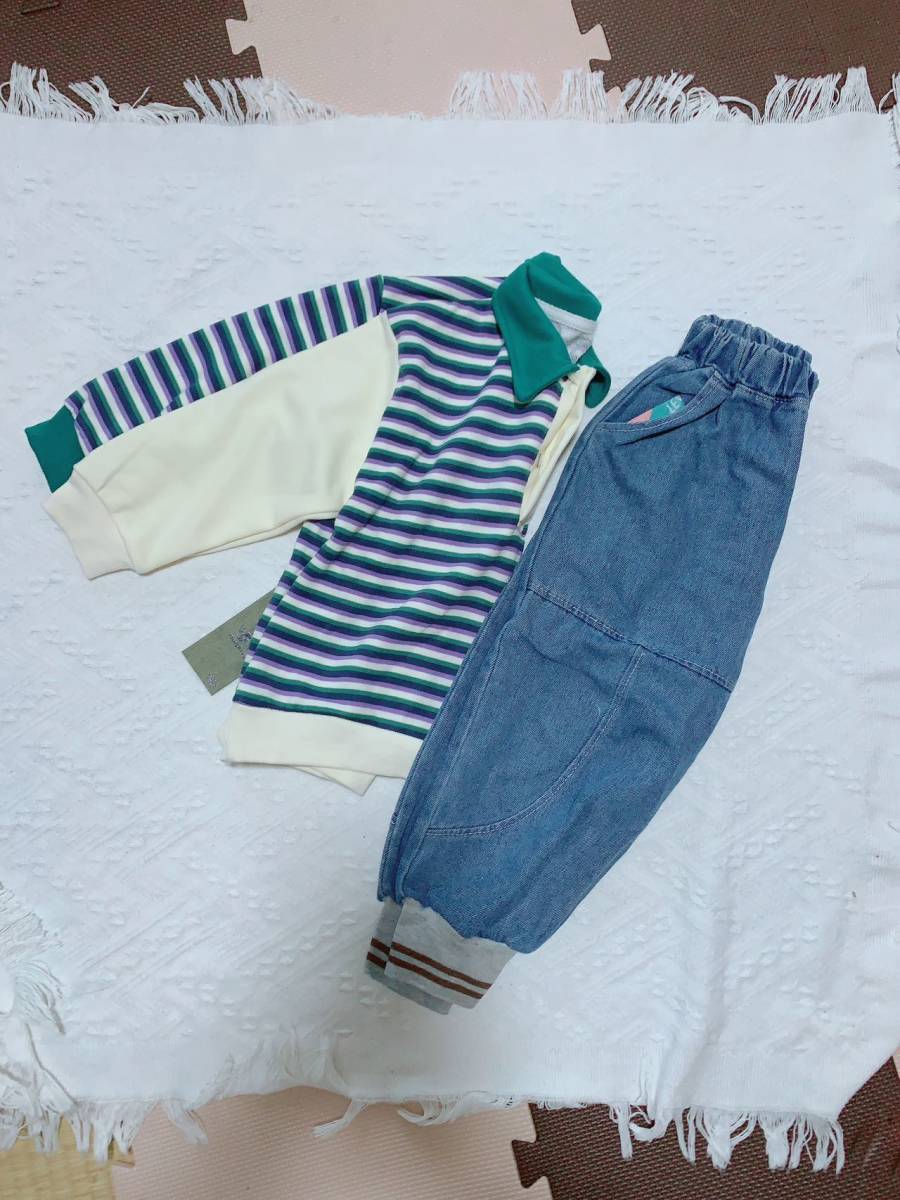 [ top and bottom 2 point set ] Kids long sleeve shirt + long trousers polo-shirt Denim trousers man cotton man . pretty child spring autumn ( size :120cm)