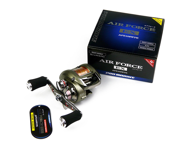 【特価品】プロマリン(PRO MARINE) エアフォースEX PE0.8号 150ｍ糸付き AFE108WPE 右ハンドル PE付き リール 両軸 ベイトリール EVAノブ_画像1