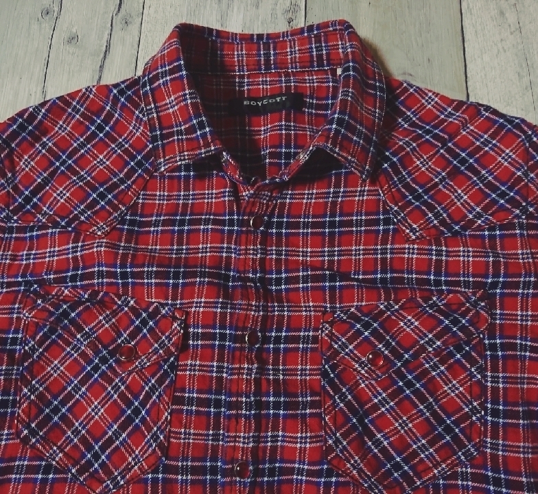 # men's ( tops )[BOYCOTT]* long sleeve check pattern shirt * long sleeve flannel shirt * snap-button * declared size (2)M corresponding * free shipping *(fa-10)