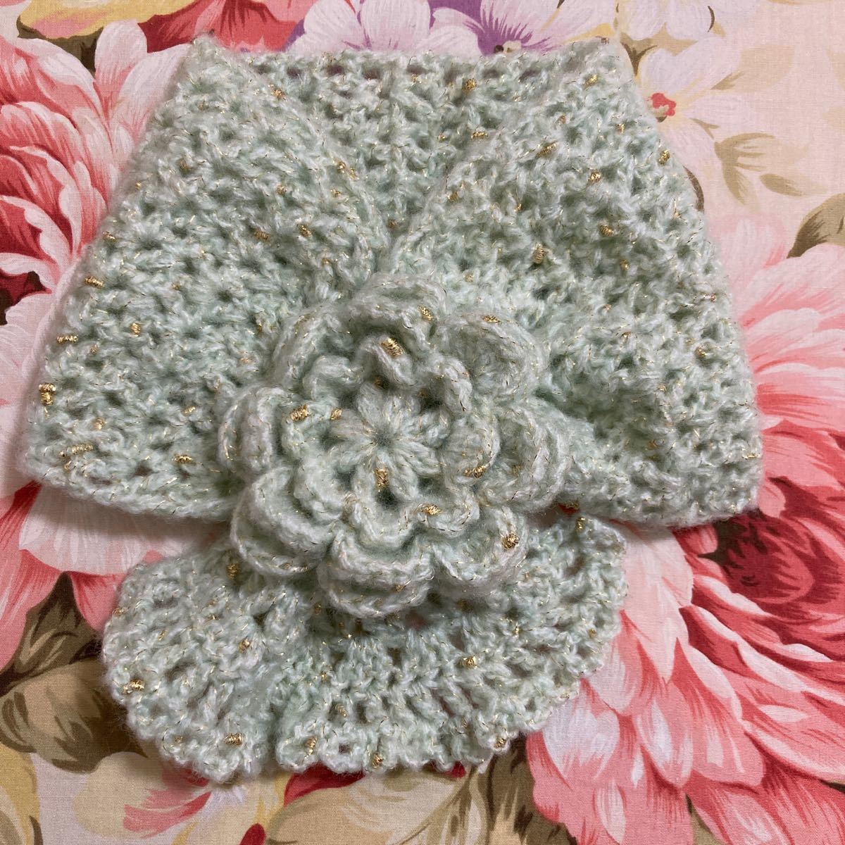  hand made * Mini muffler *. flower * hand-knitted * mint green * pastel color * lame *mo hair *170