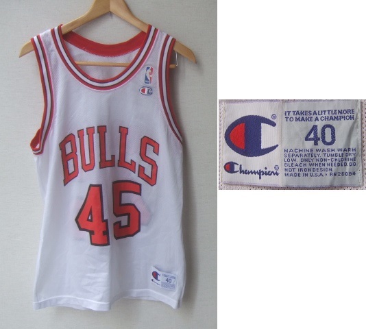 ビンテージ稀少USA製ChampionチャンピオンNBA CHICAGO BULLSシカゴ・ブルズJORDANマイケルジョーダン#45ユニフォーム メッシュタンク白色の画像1