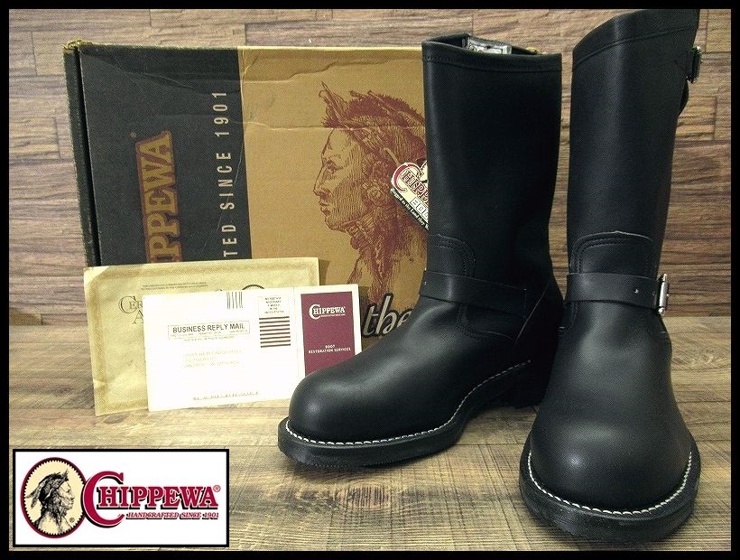 送無 新品 保管 デッドストック USA製 CHIPPEWA チペワ 27863 スチールトゥ ビブラムソール 11インチ レザー エンジニア ブーツ 黒 28.0 ①