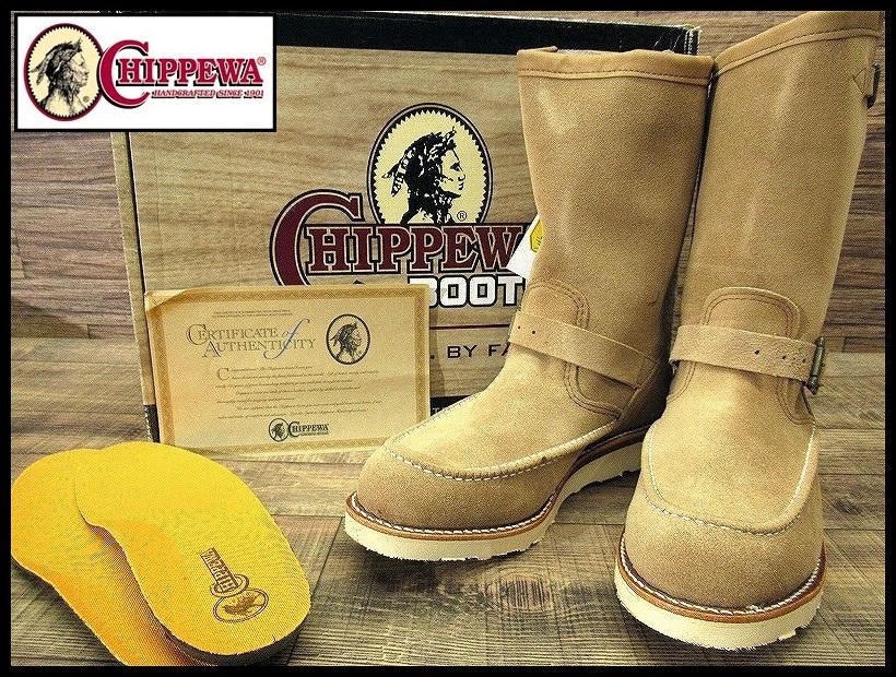 送料無料 新品 デッド 純正ソール付 CHIPPEWA チペワ 黒タグ 97874 スエード レザー 11インチ モックトゥ エンジニア ブーツ ベージュ 27.0