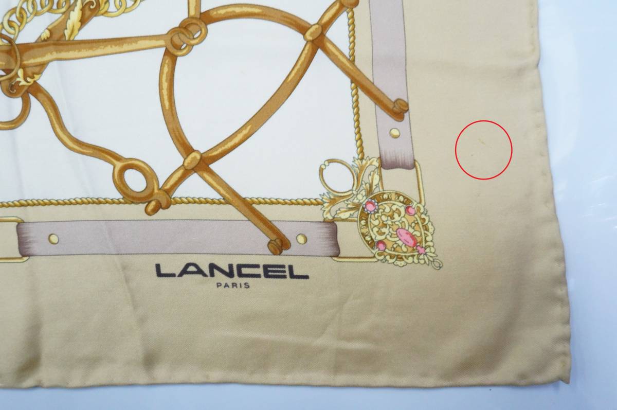 LANCEL ランセル ブランド スカーフ 絹100％ シルク レディース ファッション小物 ピンク×ベージュ 88×89㎝ ⑨ ※汚れあり _画像8