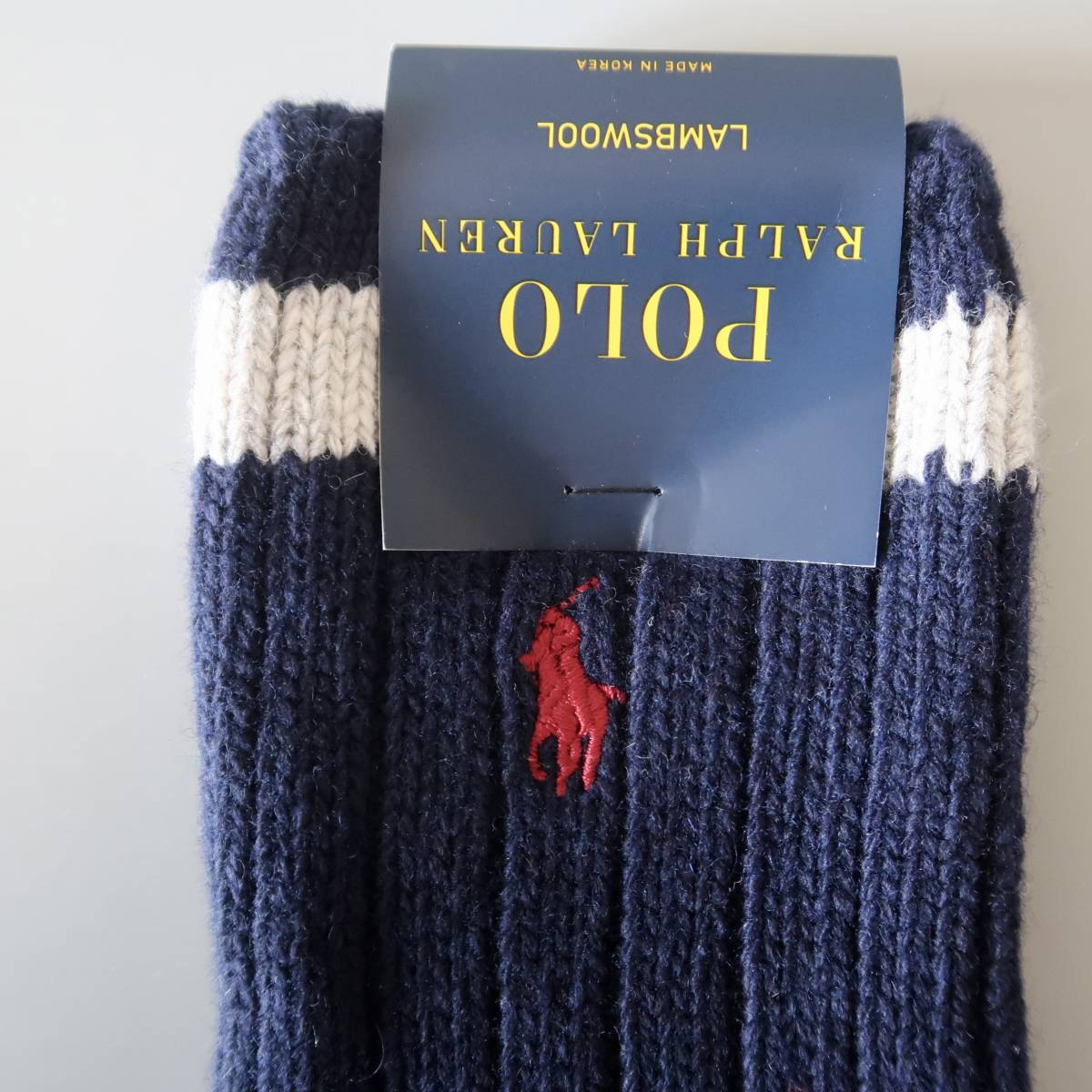 残りわずか【未使用 RALPH LAUREN ラムウールミックス ラインドソックス ネイビー×アッシュグレー US10 - 13】ロゴ刺繍入り靴下_画像3